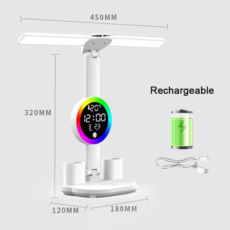 LED Table Lamp with Fan and Clock Display Reading Desk Light for Study Night Light Adjustable Brightness