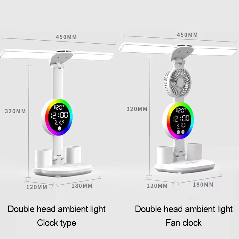 LED Table Lamp with Fan and Clock Display Reading Desk Light for Study Night Light Adjustable Brightness