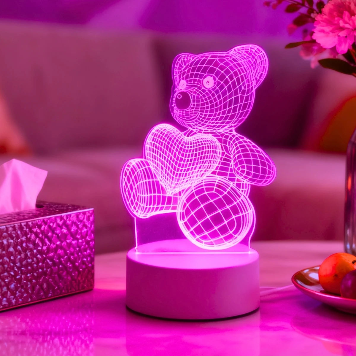 Pink Light Heart Hugging Bear 3D Stereoscopic Night Light Bedroom Room Romantic Decoration Atmosphere Gift Light