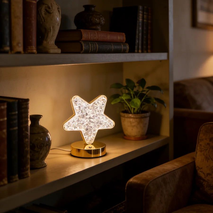 1PC Aesthetic Star Shaped Crystal Lamp | USB Charging Touch Control | Luxury Gold Base Decorative Light for Party & Gift