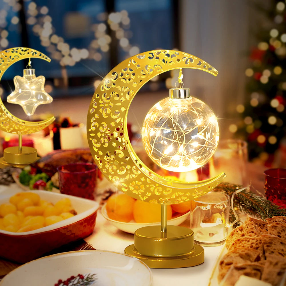 Portable Christmas LED Desk Lamp Vintage Night Light Star Moon Decor Table Lamp Eye Caring Warm Glow Wireless Holiday Decor Gift
