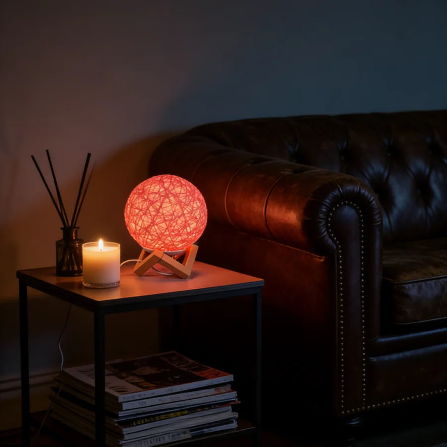 1PC Boho Rattan Ball Table Lamp | Wooden V-Shaped Base | USB Powered Ambient Night Light for Bedroom & Office