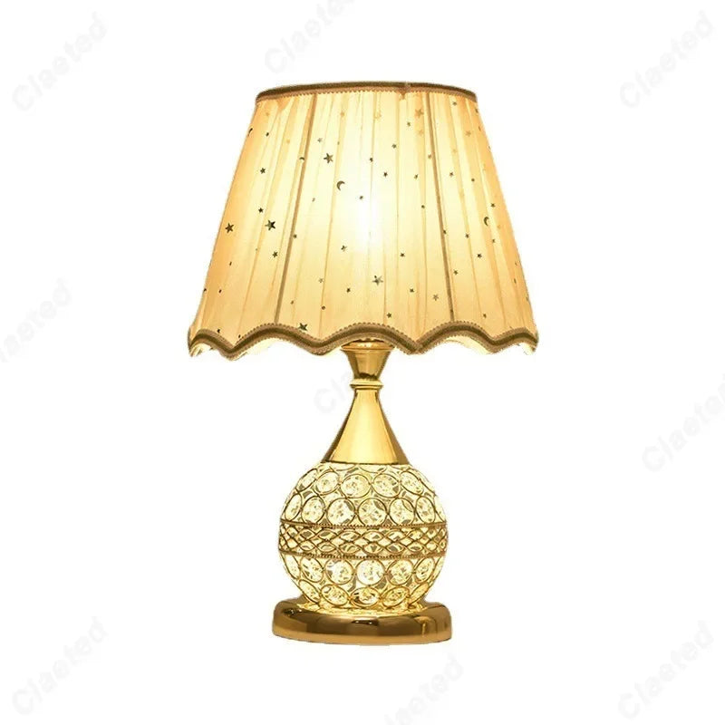 Simple LED Fabric Lampshade Crystal Lamp Body E27 Desk Lamp Bedroom European Home Warm Luxury Romantic Bedside Lamp