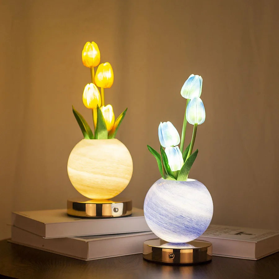 3-Color Touch Dimmable Tulip LED Desk Lamp, USB Rechargeable Artificial Flowers Night Light, Bedside Table Lamp Ornaments Gifts