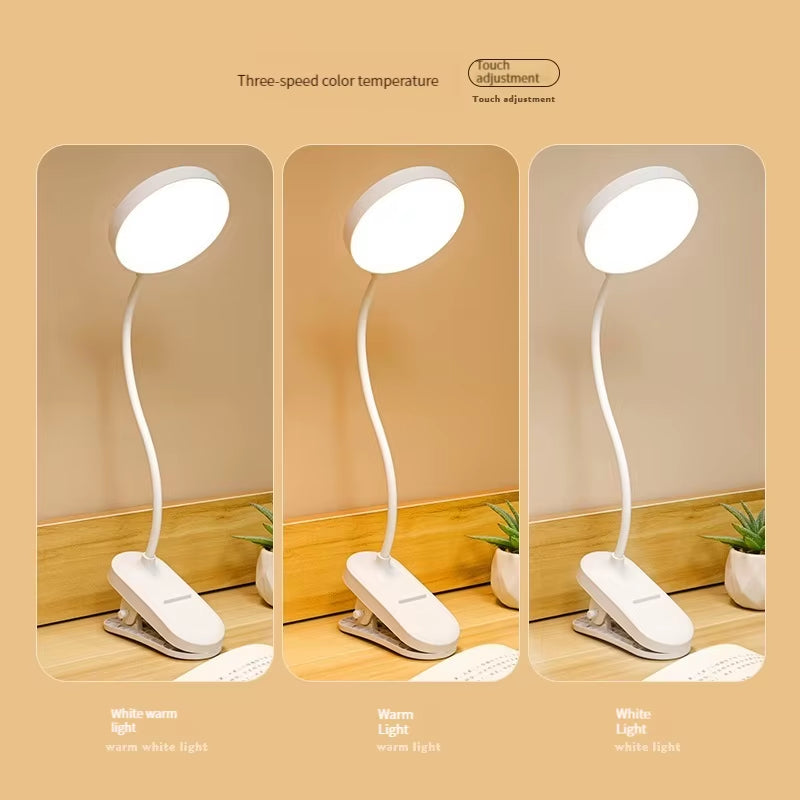 USB Rechargeable Clip on Desk Lamp, 3 Color Temperatures & Dimmable, LED Reading Light for Study Office Bedroom