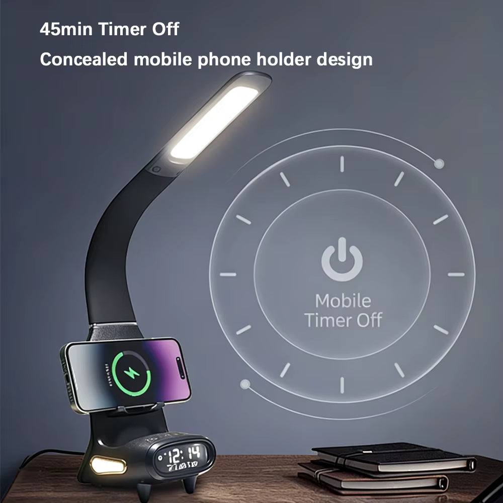 New Eye-Care Reading Desk Lamp with Soft Night Light 15W Wireless Fast Charging 5-Colour Temperature Inductive Dimming Desk Lamp