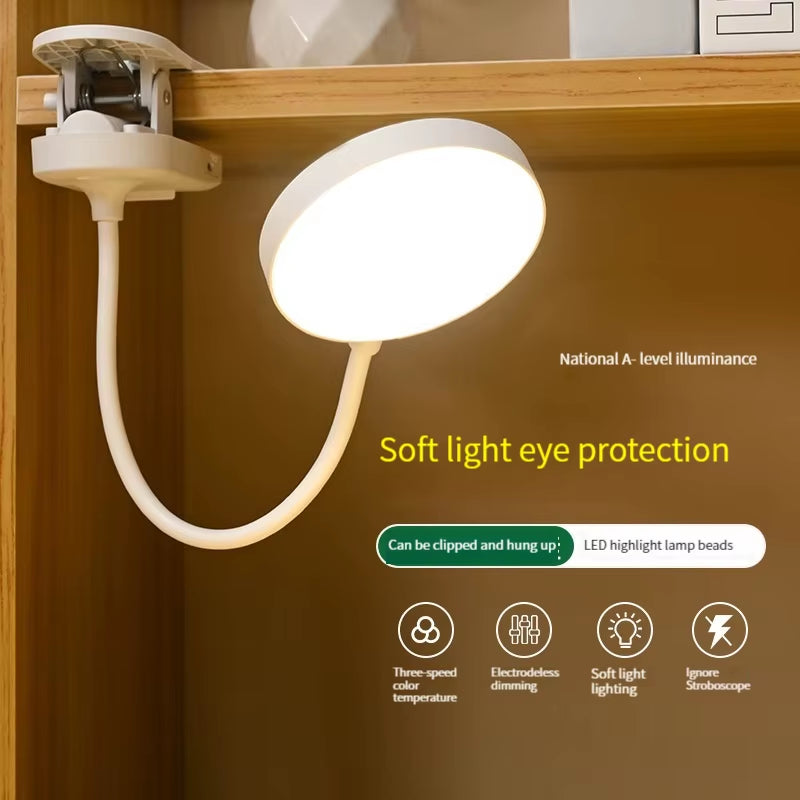 USB Rechargeable Clip on Desk Lamp, 3 Color Temperatures & Dimmable, LED Reading Light for Study Office Bedroom