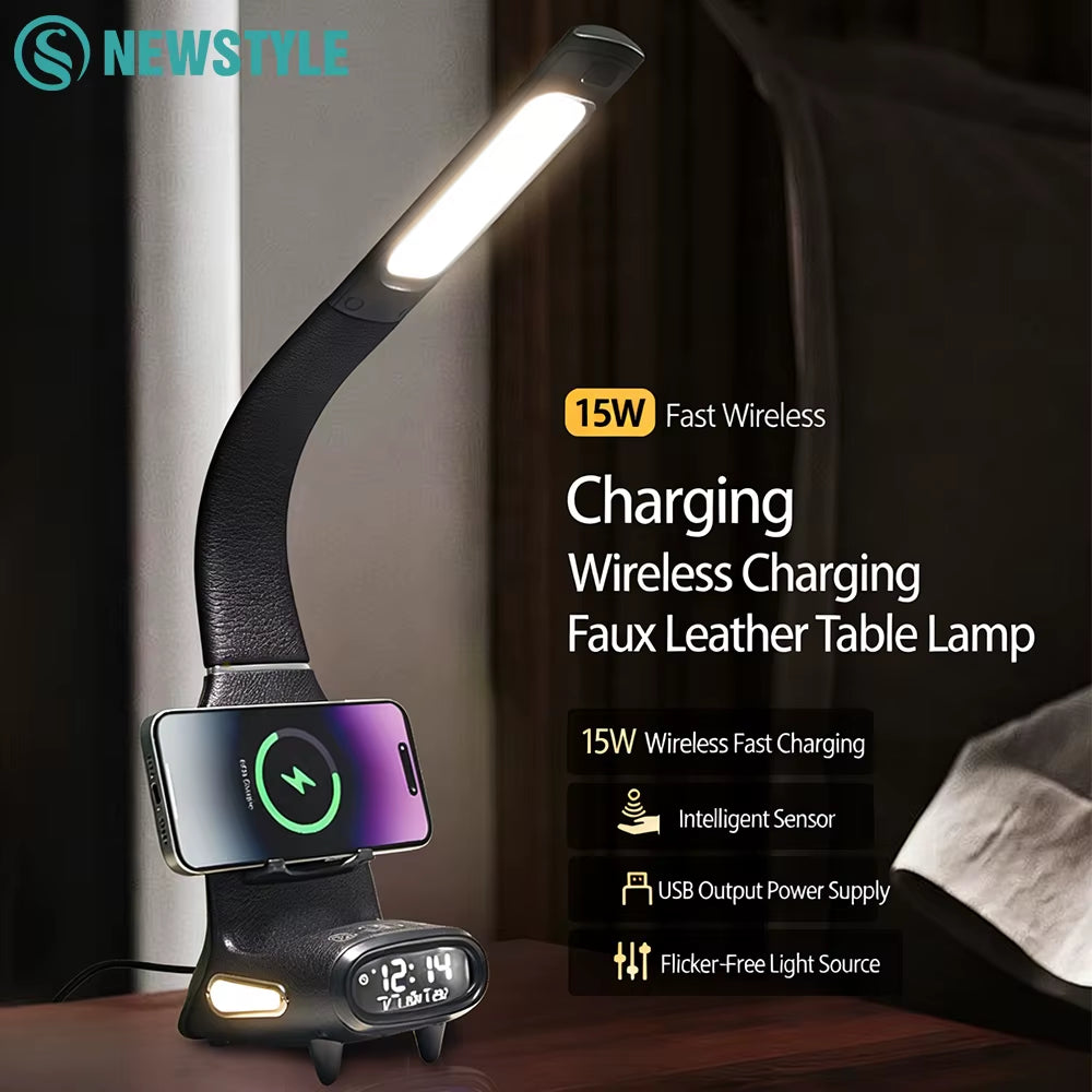 New Eye-Care Reading Desk Lamp with Soft Night Light 15W Wireless Fast Charging 5-Colour Temperature Inductive Dimming Desk Lamp