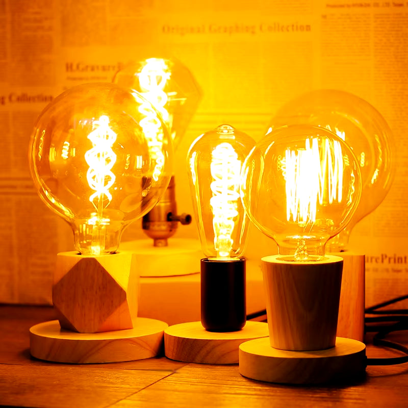 Modern Retro Wood Table Lamp Polyhedron E27 Desk Lamp EU Plug Living Room Bedroom Bedside Lamp Decor Wooden Base Table Light