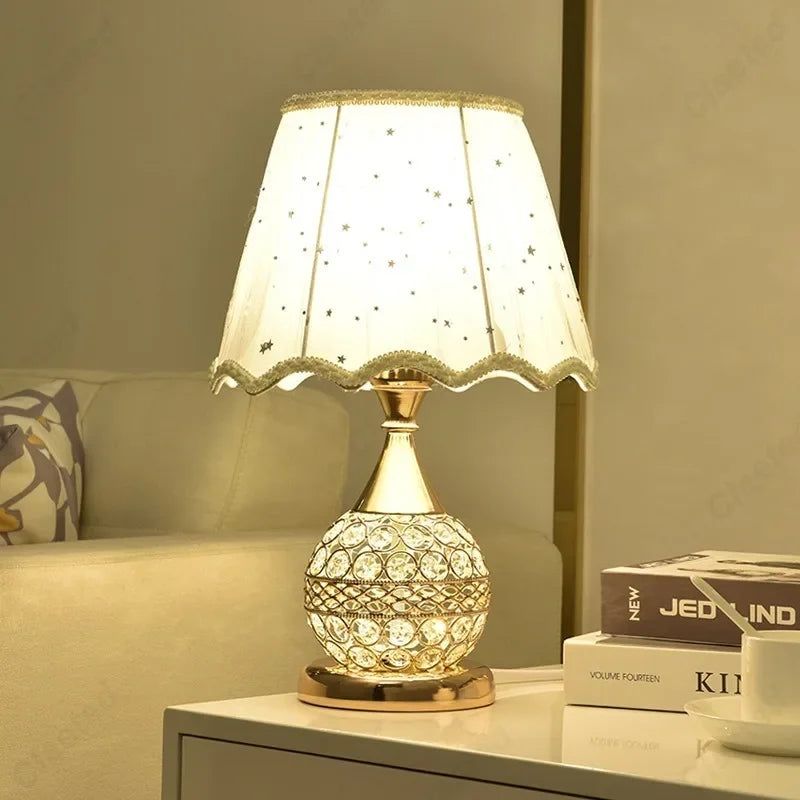 Simple LED Fabric Lampshade Crystal Lamp Body E27 Desk Lamp Bedroom European Home Warm Luxury Romantic Bedside Lamp