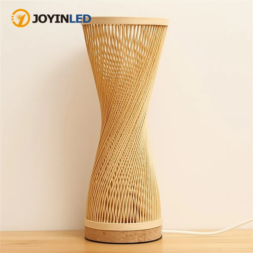 Japanese Style Hand Knitted Weaving Bamboo Table Lamp Bedroom Bedside Lamp Wood Rattan Lampshade Room Home Decor Art Desk Light