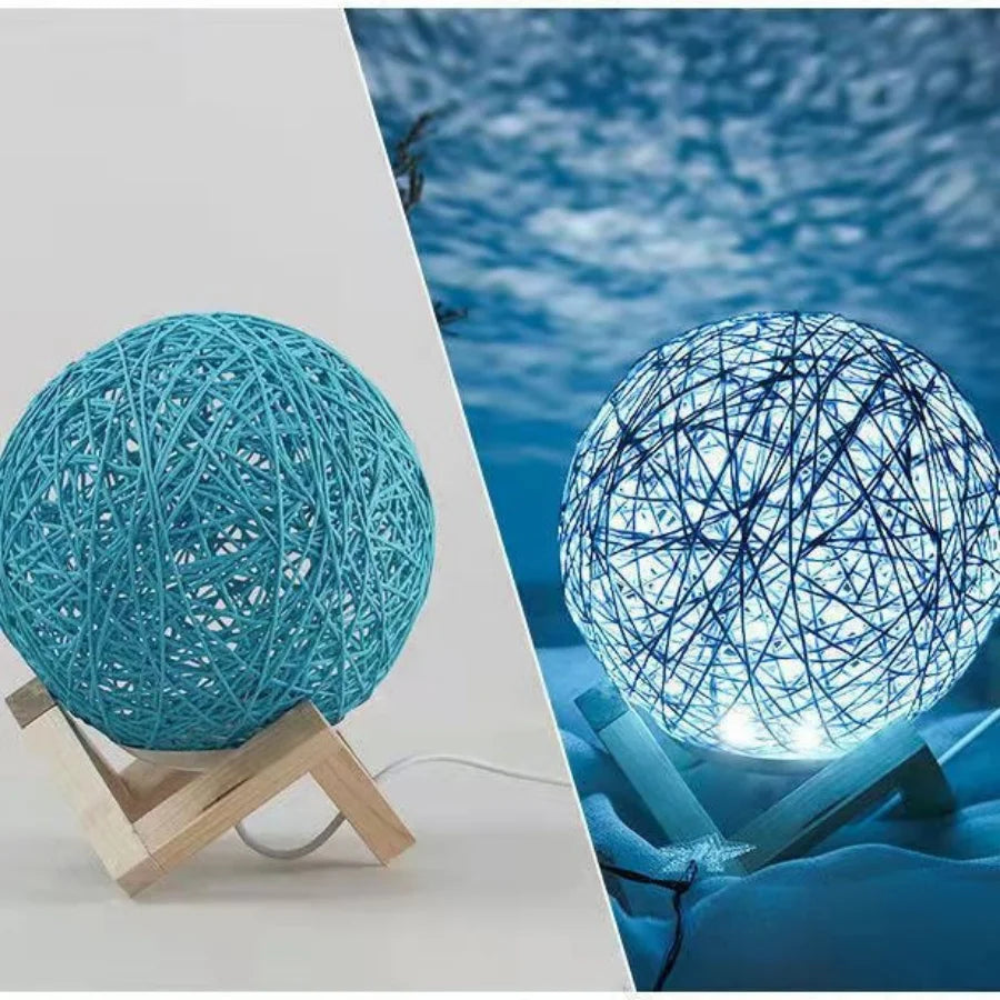 1PC Boho Rattan Ball Table Lamp | Wooden V-Shaped Base | USB Powered Ambient Night Light for Bedroom & Office