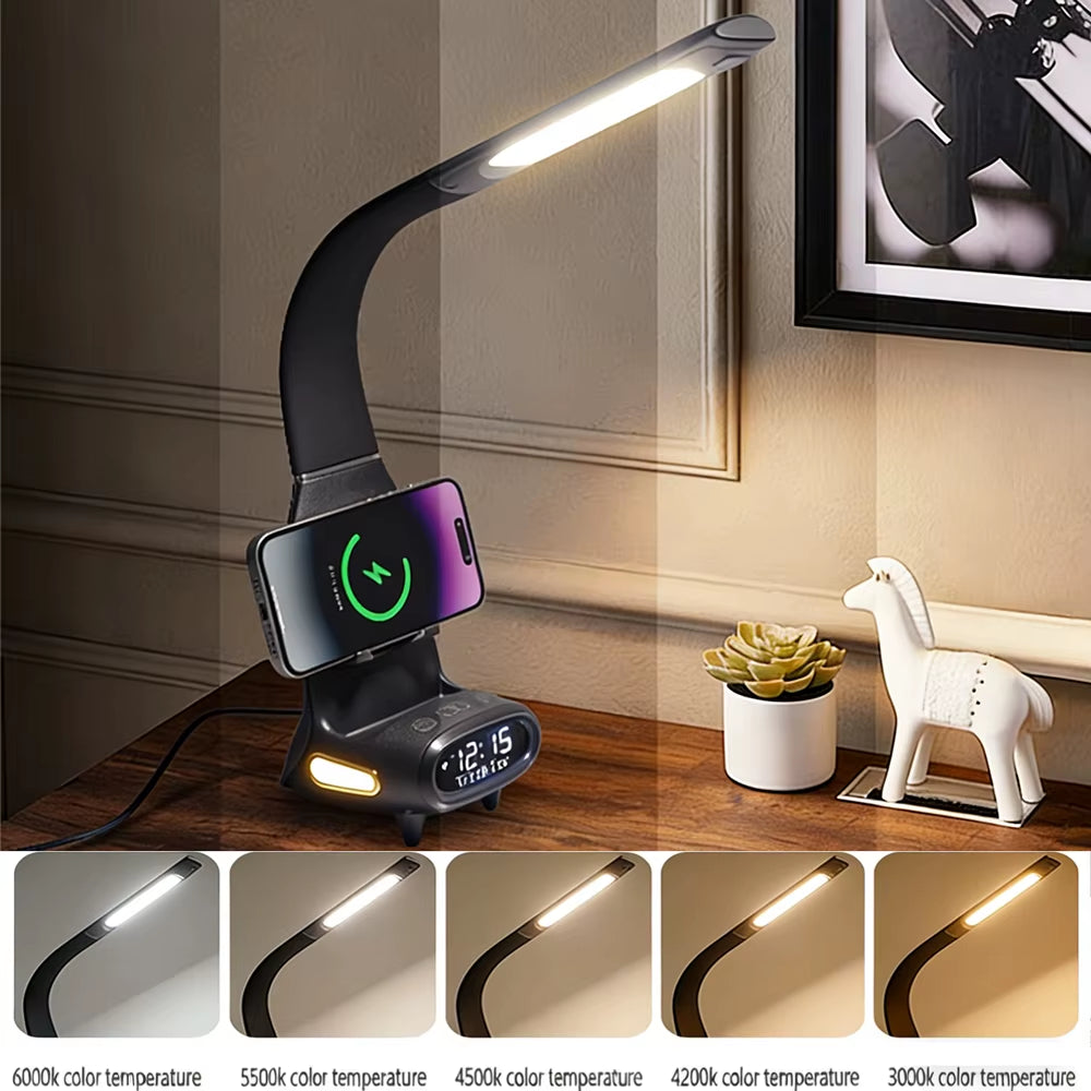 New Eye-Care Reading Desk Lamp with Soft Night Light 15W Wireless Fast Charging 5-Colour Temperature Inductive Dimming Desk Lamp