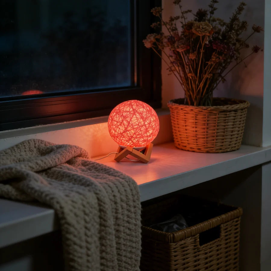 1PC Boho Rattan Ball Table Lamp | Wooden V-Shaped Base | USB Powered Ambient Night Light for Bedroom & Office