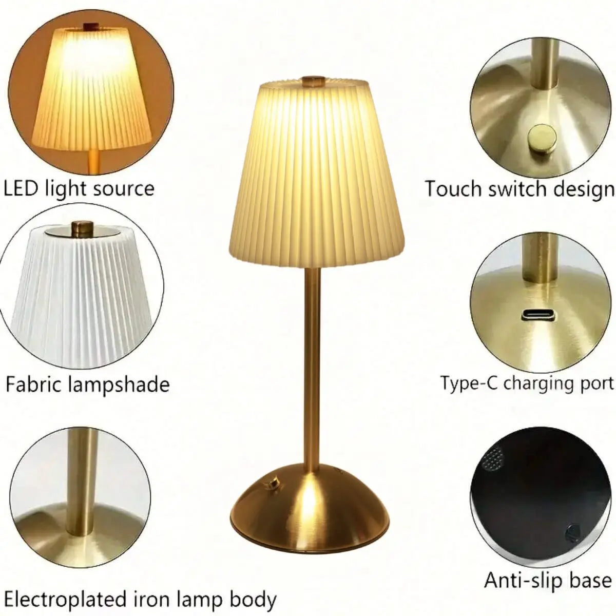 Minimally Pleated Decorative Desk Lamp with Touch Charging Three Color LED Lights for Bedroom and Living Room Decoration