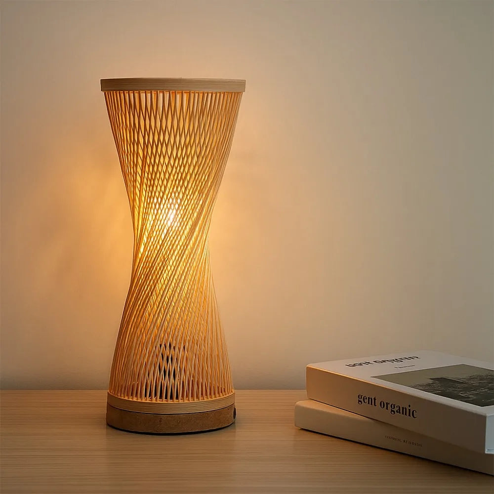 Japanese Style Hand Knitted Weaving Bamboo Table Lamp Bedroom Bedside Lamp Wood Rattan Lampshade Room Home Decor Art Desk Light