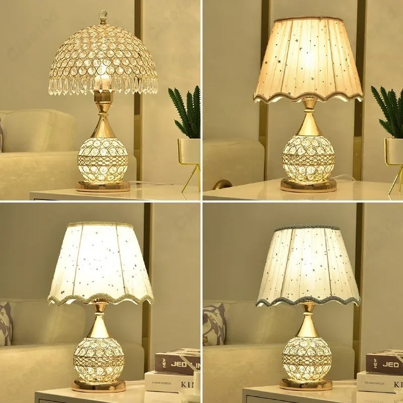 Simple LED Fabric Lampshade Crystal Lamp Body E27 Desk Lamp Bedroom European Home Warm Luxury Romantic Bedside Lamp