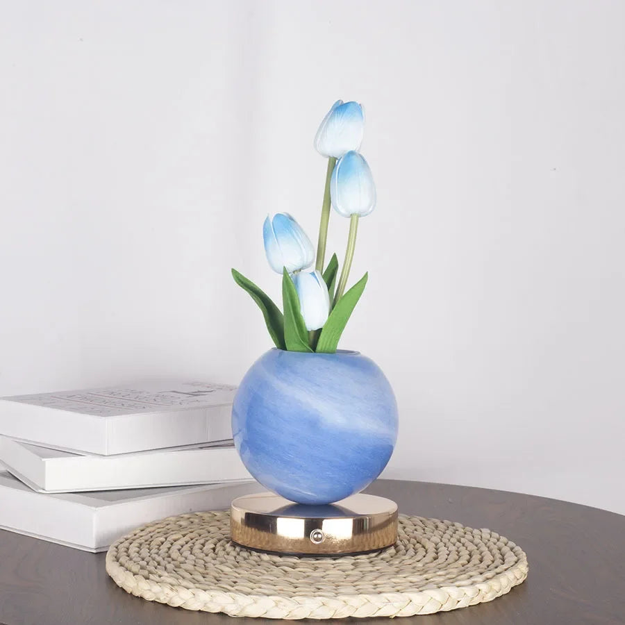 3-Color Touch Dimmable Tulip LED Desk Lamp, USB Rechargeable Artificial Flowers Night Light, Bedside Table Lamp Ornaments Gifts