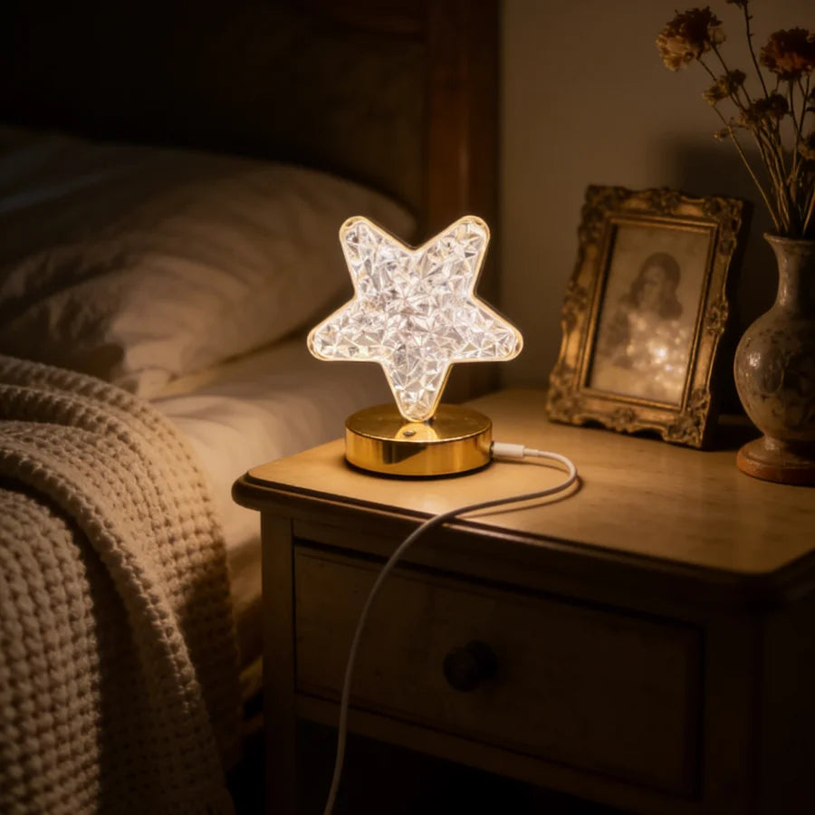 1PC Aesthetic Star Shaped Crystal Lamp | USB Charging Touch Control | Luxury Gold Base Decorative Light for Party & Gift