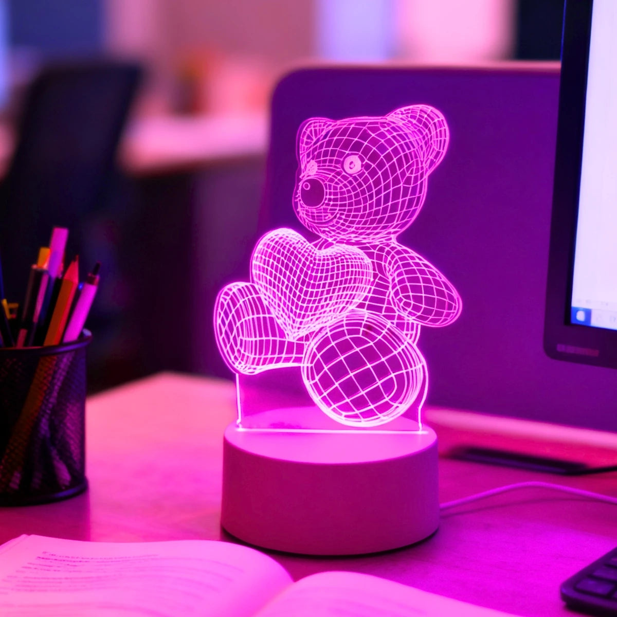 Pink Light Heart Hugging Bear 3D Stereoscopic Night Light Bedroom Room Romantic Decoration Atmosphere Gift Light