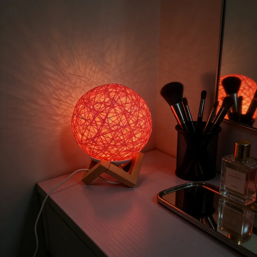1PC Boho Rattan Ball Table Lamp | Wooden V-Shaped Base | USB Powered Ambient Night Light for Bedroom & Office