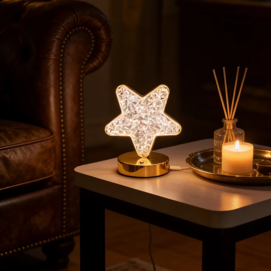 1PC Aesthetic Star Shaped Crystal Lamp | USB Charging Touch Control | Luxury Gold Base Decorative Light for Party & Gift